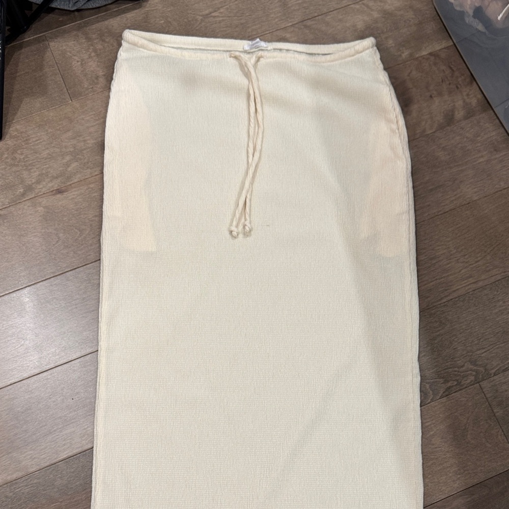 GARAGE Cream Yellow Drawstring Women's Linen Maxi Skirt with pockets